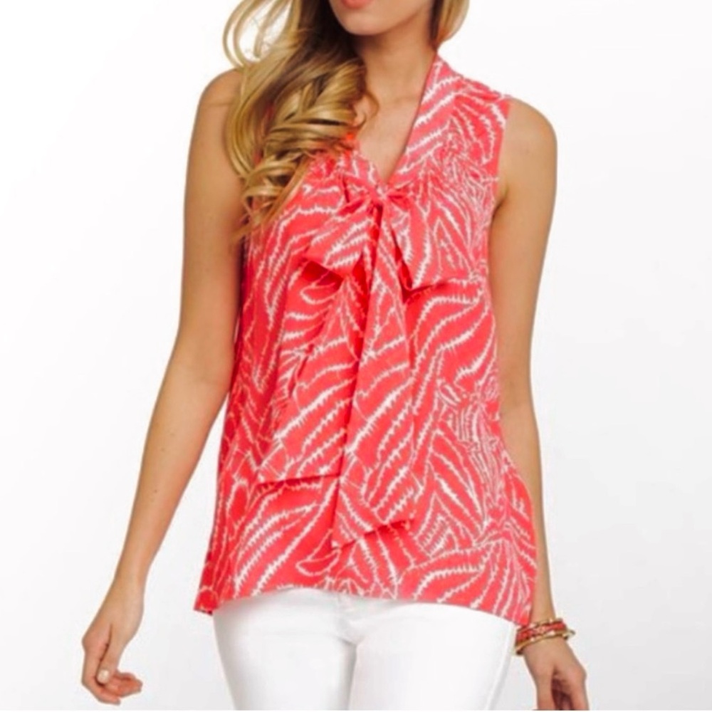 EUC Lilly Pulitzer Dahlia Splash Pink Show Me Your Stripes Silk Bow FrontTank-M